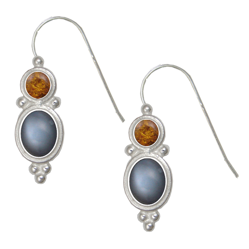 Sterling Silver Drop Dangle Earrings Grey Moonstone And Amber